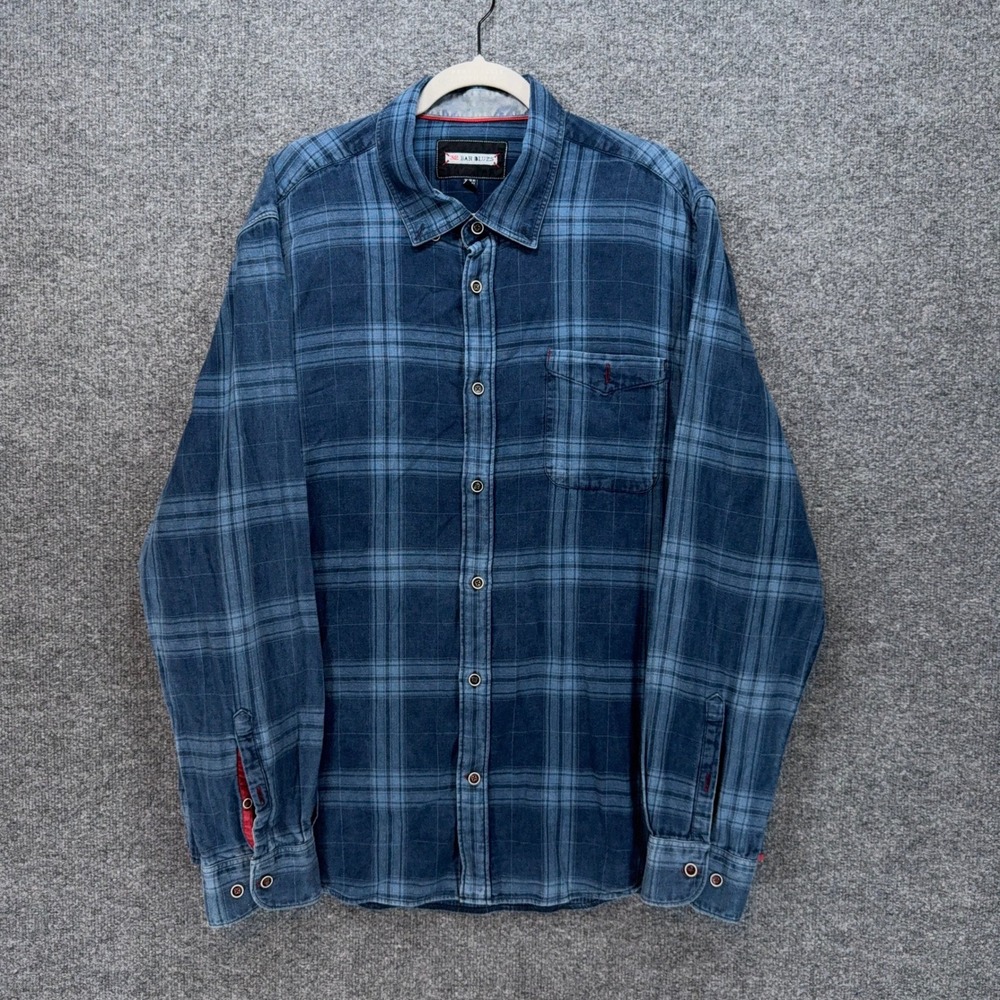 32 Bar Blues Shirt Mens XL Blue Plaid Cotton Long Sleeve Button Down Flannel